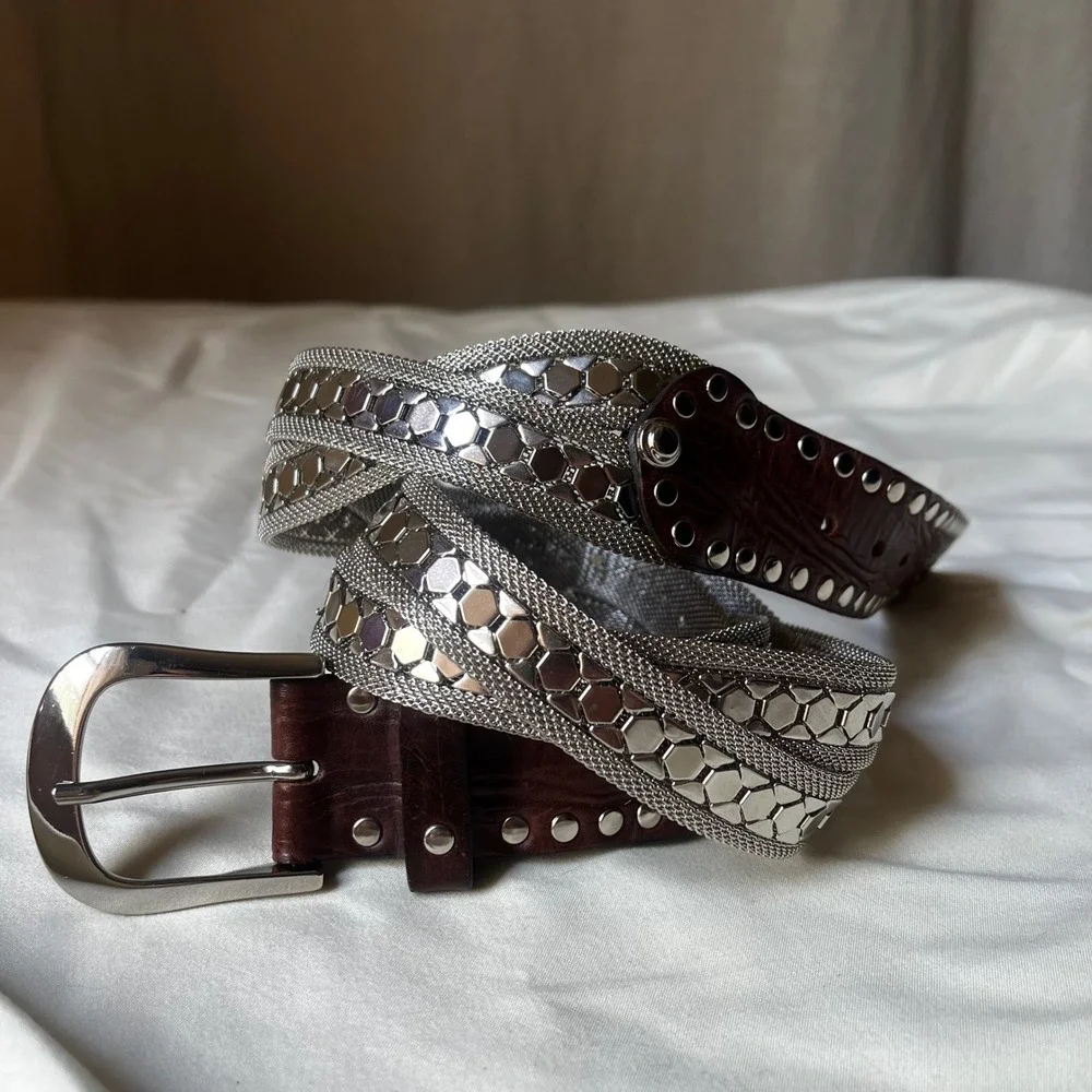 Nanni Italy Silver Mesh Leather Studded Belt 85/32 Brown Made in Italy